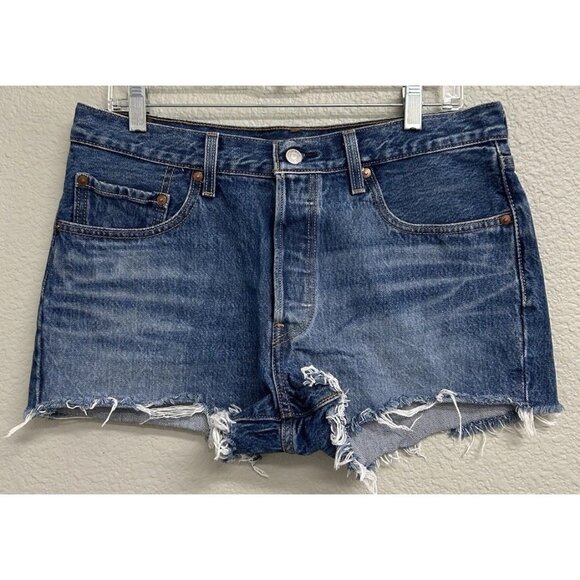 Levi’s 501 High Rise Denim Jean Shorts Women’s Size 31 Dark Wash Button Fly - Picture 1 of 9